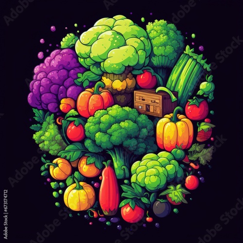 An illustration of vegetables and fruits on a black background