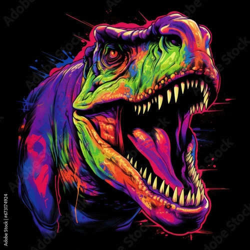 Blacklight painting-style Tyrannosaurus, Tyrannosaurus pop art illustration © crazyass