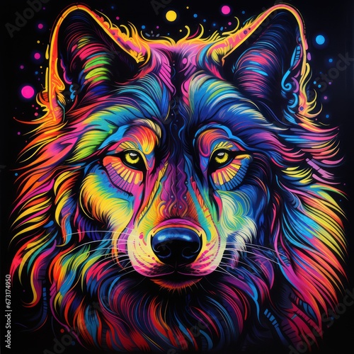 Blacklight painting-style Wolf Wolf pop art illustration