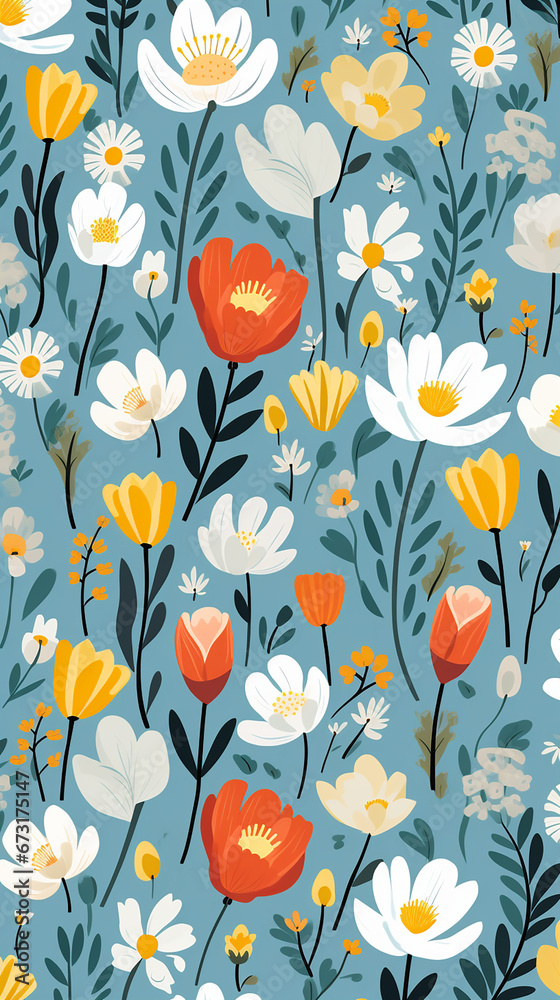 A charming pattern with whimsical and adorable flowers, each represented with clean lines and a limited color palette created with Generative Ai A charming pattern with whimsical and adorable flowers, each represented with clean lines and a limited color palette created with Generative Ai