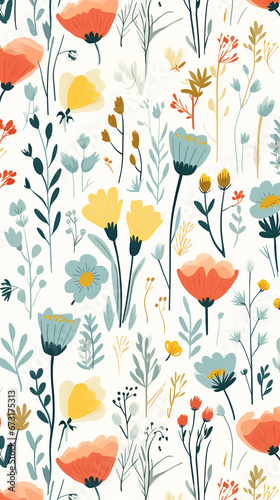 A charming pattern with whimsical and adorable flowers, each represented with clean lines and a limited color palette created with Generative Ai