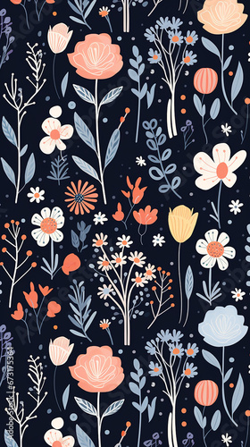 Wallpaper Mural A charming pattern with whimsical and adorable flowers, each represented with clean lines and a limited color palette created with Generative Ai Torontodigital.ca
