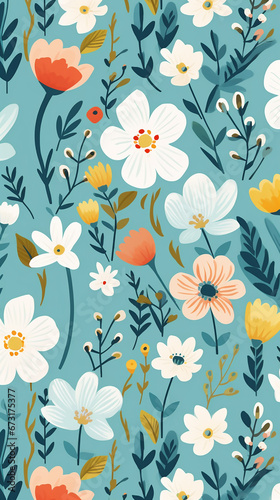 A charming pattern with whimsical and adorable flowers  each represented with clean lines and a limited color palette created with Generative Ai