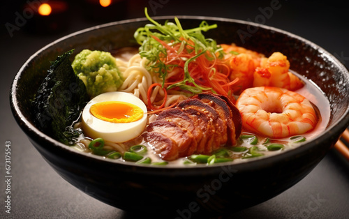 Fresh Seafood and Succulent Meat- Shrimps in Bowl on Blurry Background