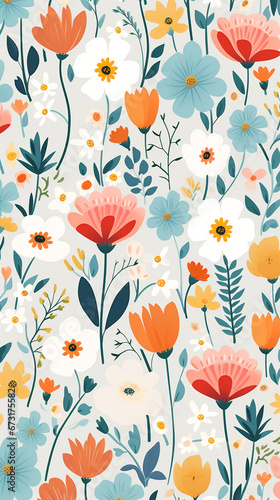 A charming pattern with whimsical and adorable flowers, each represented with clean lines and a limited color palette created with Generative Ai