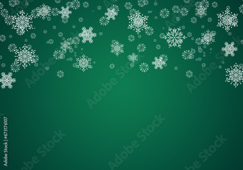 Green Christmas Illustration. Snowflake Background. Christmas snowy winter design. White falling snowflakes