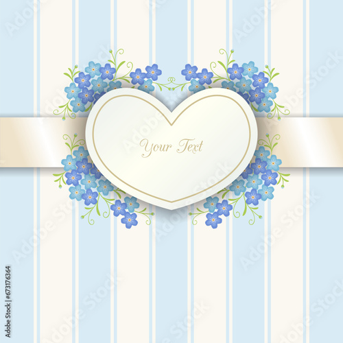 Vintage background with forget-me-not flowers and cutout heart shaped frame. Floral decoration on striped background. Vector design template. 