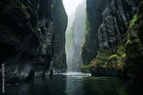 A narrow watercourse between towering cliffs. Generative AI