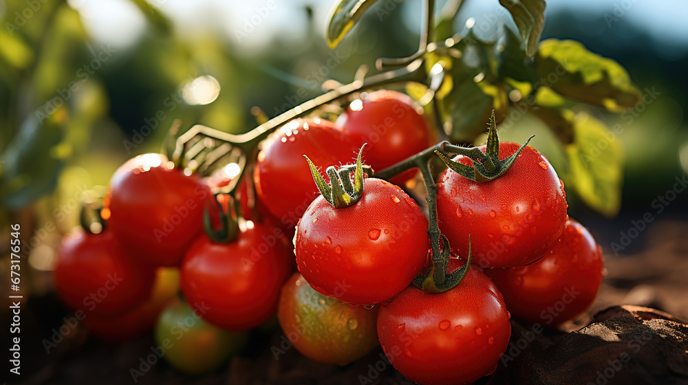Close up of Freshly Tomatoes in a Farmer Field Background Defocused Close up of Freshly Tomatoes in a Farmer Field Background Defocused