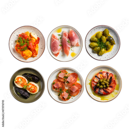 Tapas assortment on plates isolated on transparent or white background, png