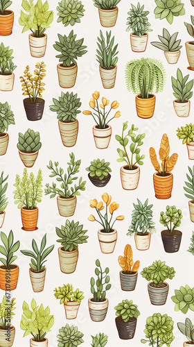 A charming pattern with adorable succulent plant, each represented with clean lines and a limited color palette created with Generative Ai