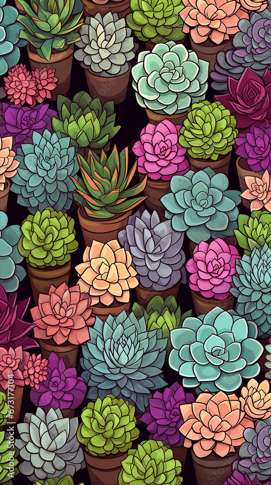 Fototapeta premium A charming pattern with adorable succulent plant, each represented with clean lines and a limited color palette created with Generative Ai