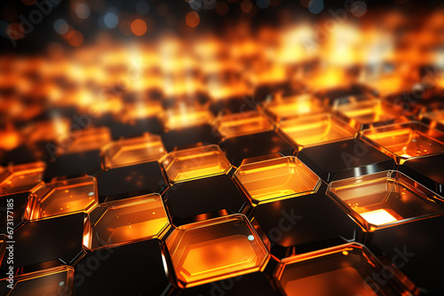 Orange transparent glowing and black square tiles futuristic technology neon glowing checkers background