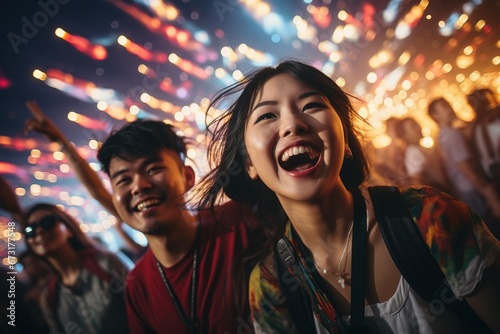 Close up portrait of happy asian couple at a concert under the stage lights and colorful smoke