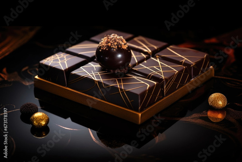 Fine dark Belgian chocolate with hazelnuts, decorated with 24 carat gold on a dark background.