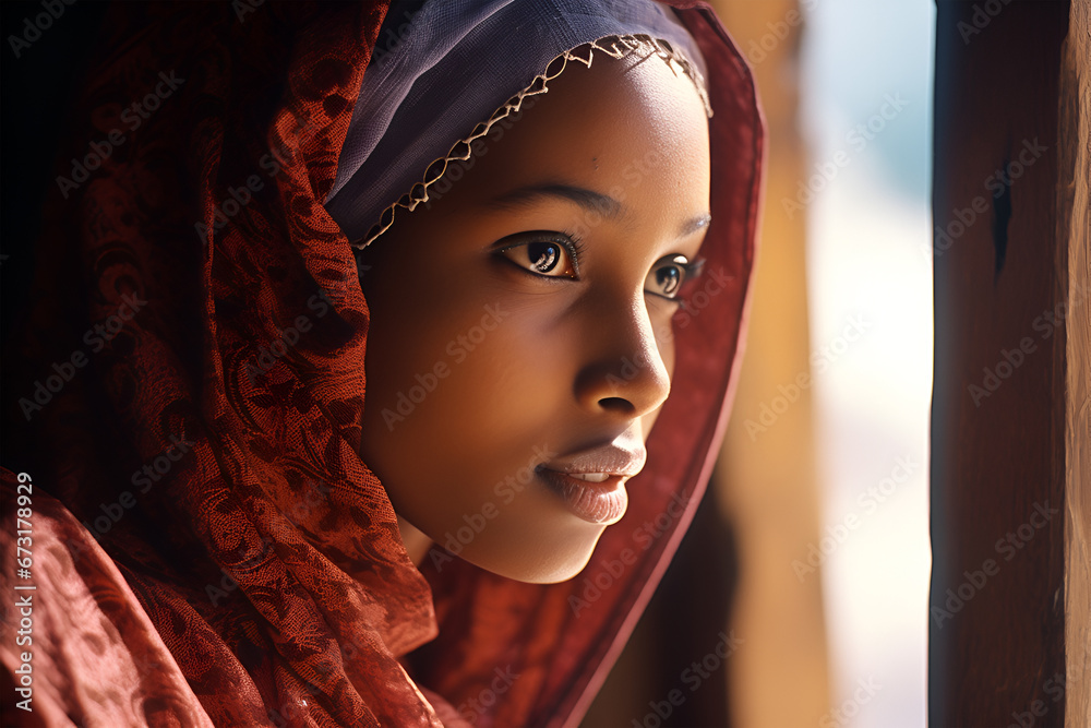 Elegance in a Headscarf: Portrait of a Beautiful Muslim African Woman
