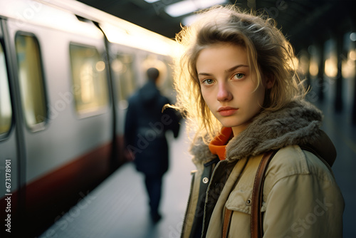 Urban Elegance: Portrait of a Beautiful Girl on a Subway Station Platform