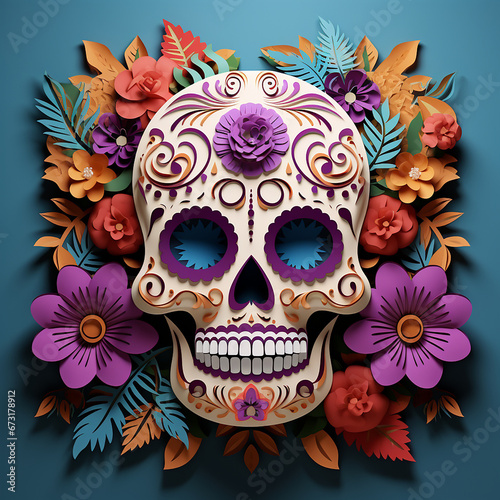 3D Skull cinco de mayo, flowers pattern background, full color, 3d papercut style created with Generative Ai