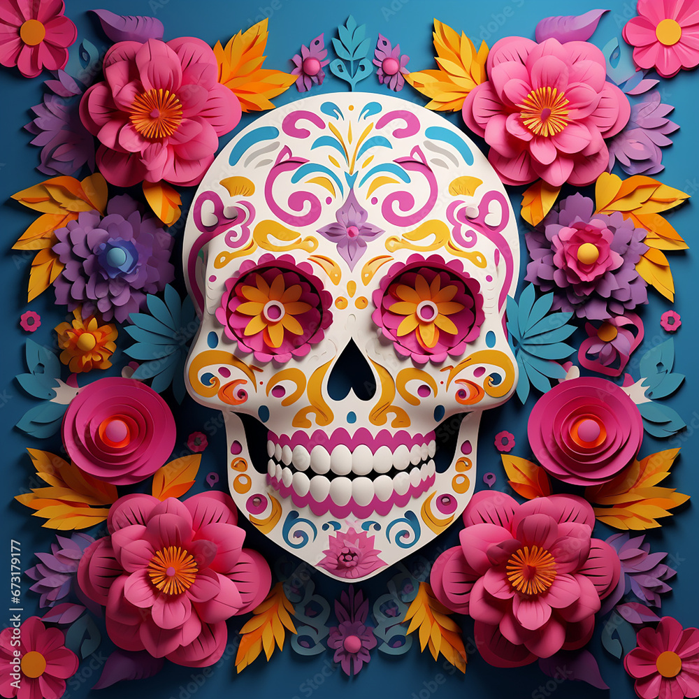 3D Skull cinco de mayo, flowers pattern background, full color, 3d papercut style created with Generative Ai