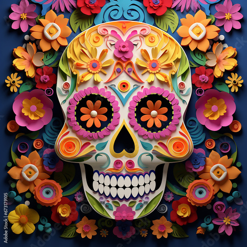 3D Skull cinco de mayo, flowers pattern background, full color, 3d papercut style created with Generative Ai