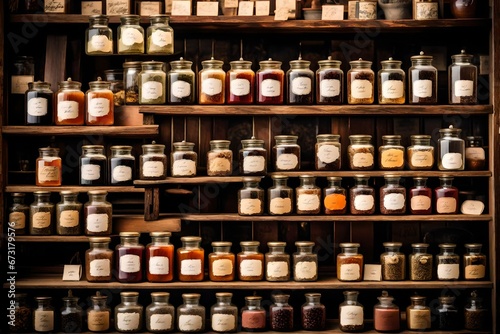 A gallery-worthy shot of an assortment of rare and exotic teas, displayed in glass jars with handwritten labels, set against a backdrop of vintage wooden shelves in a tea shop.