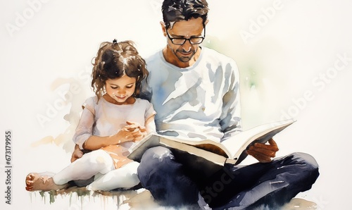 Ai un padre che legge le fiabe alla figlia, acquerello  photo