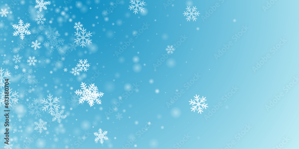 Magical heavy snow flakes backdrop. Winter speck freeze granules. Snowfall weather white teal blue wallpaper. Shimmering snowflakes february texture. Snow nature landscape.
