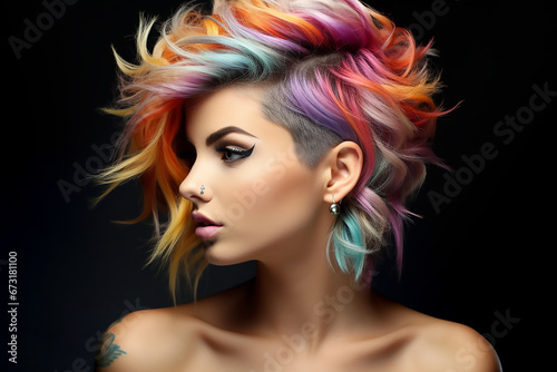 Portrait of a beautiful girl with rainbow neon asymmetric hair style on black background.