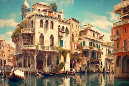 Artistic design of retro-style buildings in Venice; vintage town with surreal and imaginative concepts of futuristic landscape. Generative AI