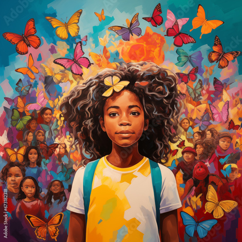 Young south american girl and diverse group of kids with colorful butterflies