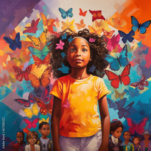 Young black girl with colorful butterflies
