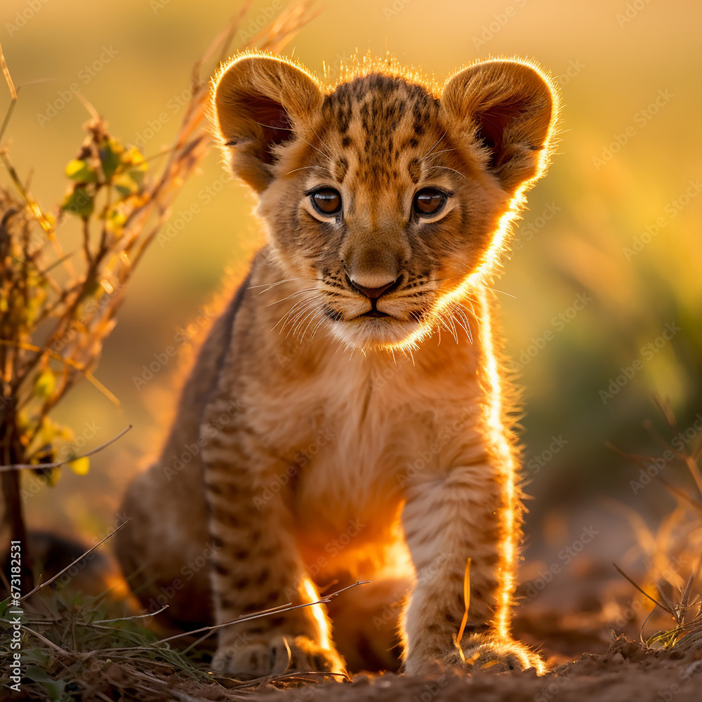 Obraz premium a young lion cub, his fur a rich golden hue, standing in the heart of the African savannah created with Generative Ai