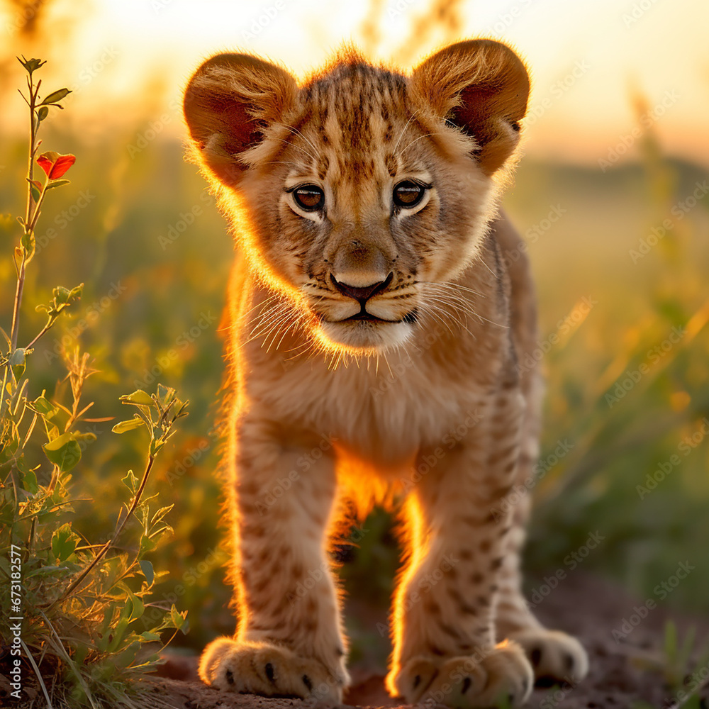 Obraz premium a young lion cub, his fur a rich golden hue, standing in the heart of the African savannah created with Generative Ai