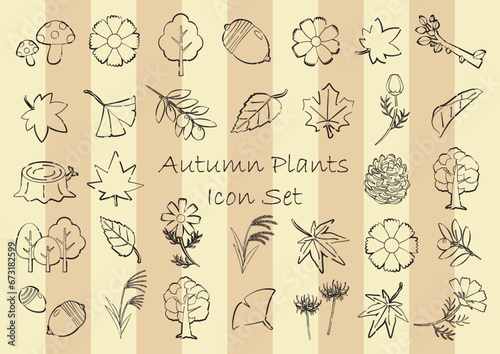 秋の植物のアイコンセット　線画