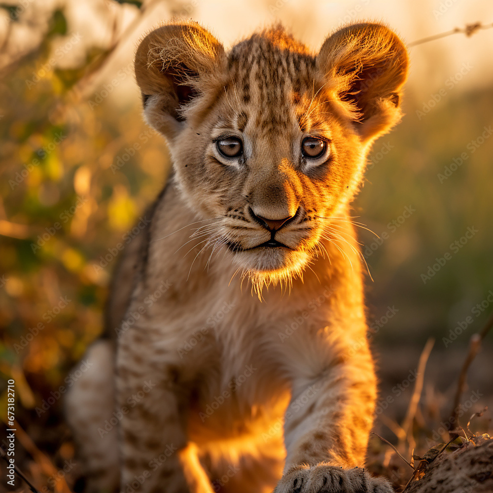 Obraz premium a young lion cub, his fur a rich golden hue, standing in the heart of the African savannah created with Generative Ai