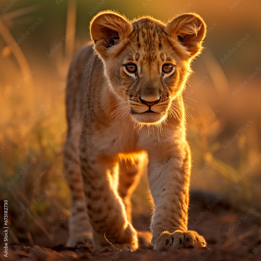 Obraz premium a young lion cub, his fur a rich golden hue, standing in the heart of the African savannah created with Generative Ai