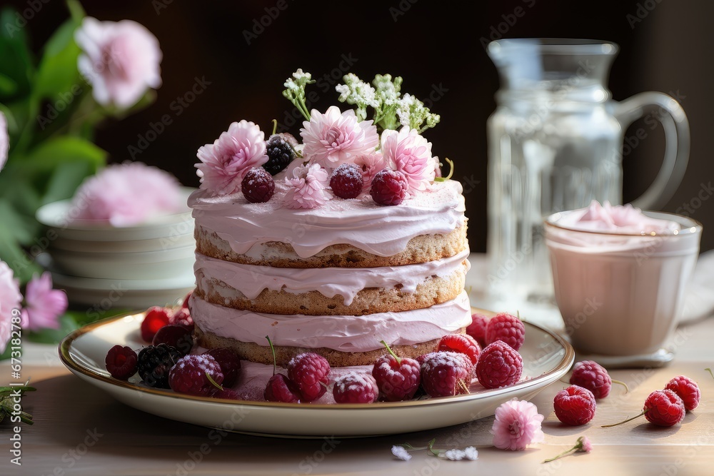 Raspberry cake with berries decoration