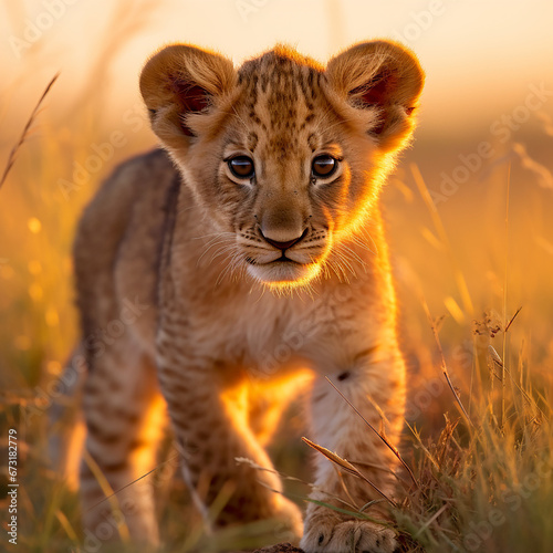 a young lion cub, his fur a rich golden hue, standing in the heart of the African savannah created with Generative Ai © Andrii Yablonskyi