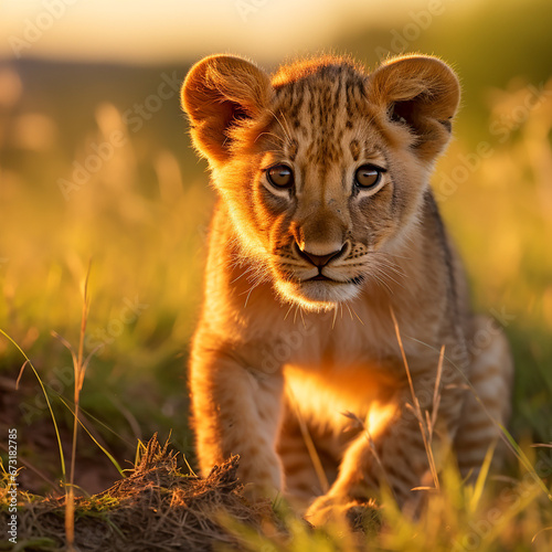 a young lion cub, his fur a rich golden hue, standing in the heart of the African savannah created with Generative Ai © Andrii Yablonskyi