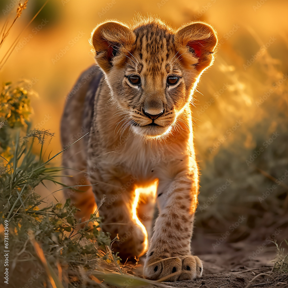 Obraz premium a young lion cub, his fur a rich golden hue, standing in the heart of the African savannah created with Generative Ai