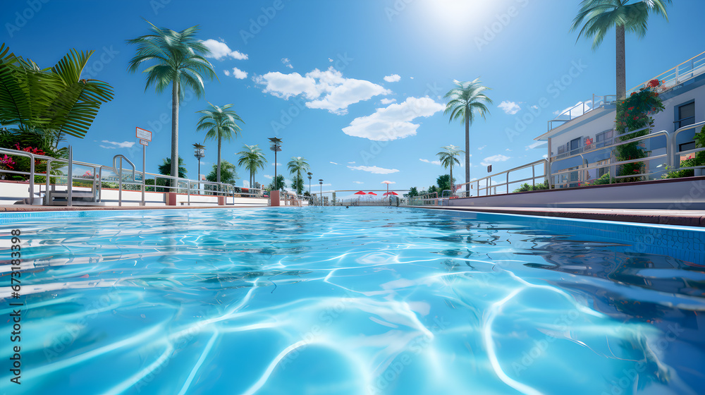 Fototapeta premium Outdoor swimming pool in the spa resort hotel in tropical country. Summer vacation.