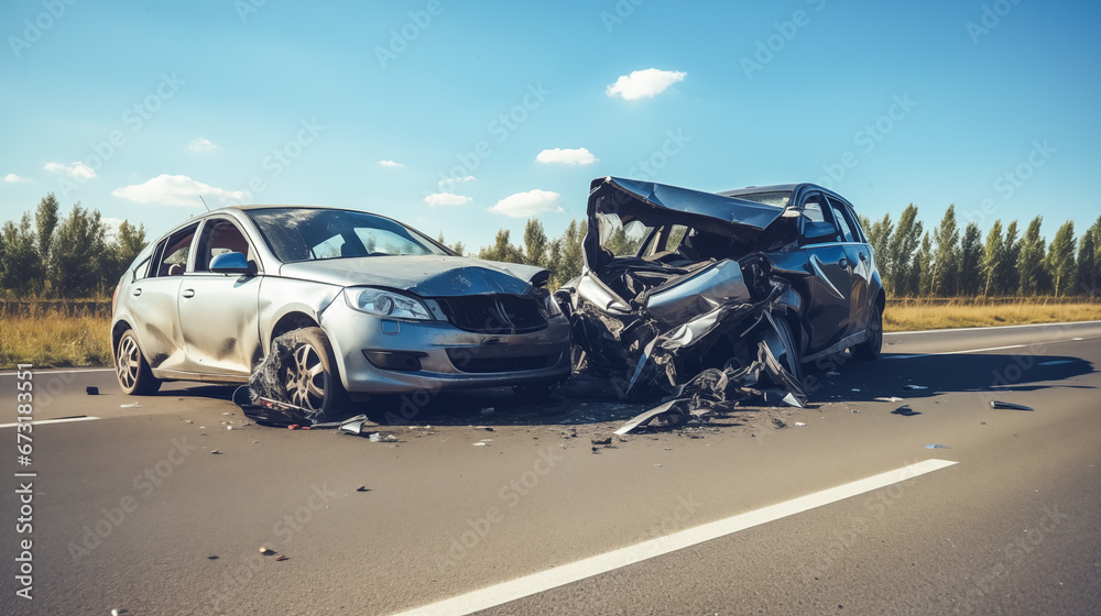 Сar accident. Two crashed cars on the highway. - obrazy, fototapety, plakaty 
