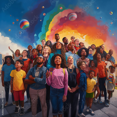 Group of diverse people dream rainbow sky
