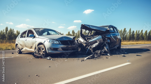 Сar accident. Two crashed cars on the highway.