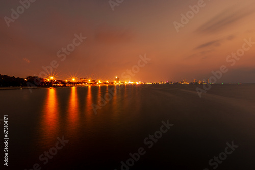 Background view Close-up of panoramic views (sea, bridge, twilight sky) is a natural beauty, the wallpaper of the morning sun. © bangprik
