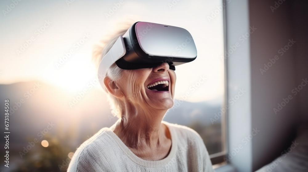 Senior woman watching video via vr glasses Senior woman watching video via vr glasses