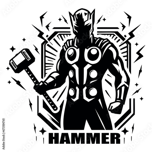 Knight with Thor s hammer  black silhouette on a transparent background  vector for stencil.