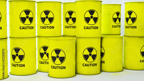 Yellow iron barrels on pallets with a radiation hazard sign. 3D render