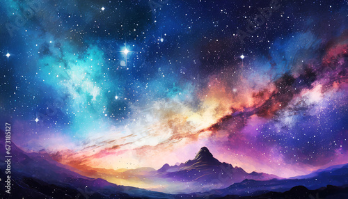 Abstract colorful under starry sky background aesthetic remixed media landscape. beautiful scene on digital art concpet  Generative AI.