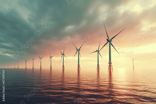 Offshore wind turbines under cloudy sky for sustainable electricity. Generative AI